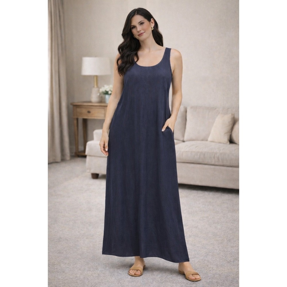 Johnny Was Dress Linen Navy Sleeveless Sz S Shift Lightweight Pockets Cool‎ Easy